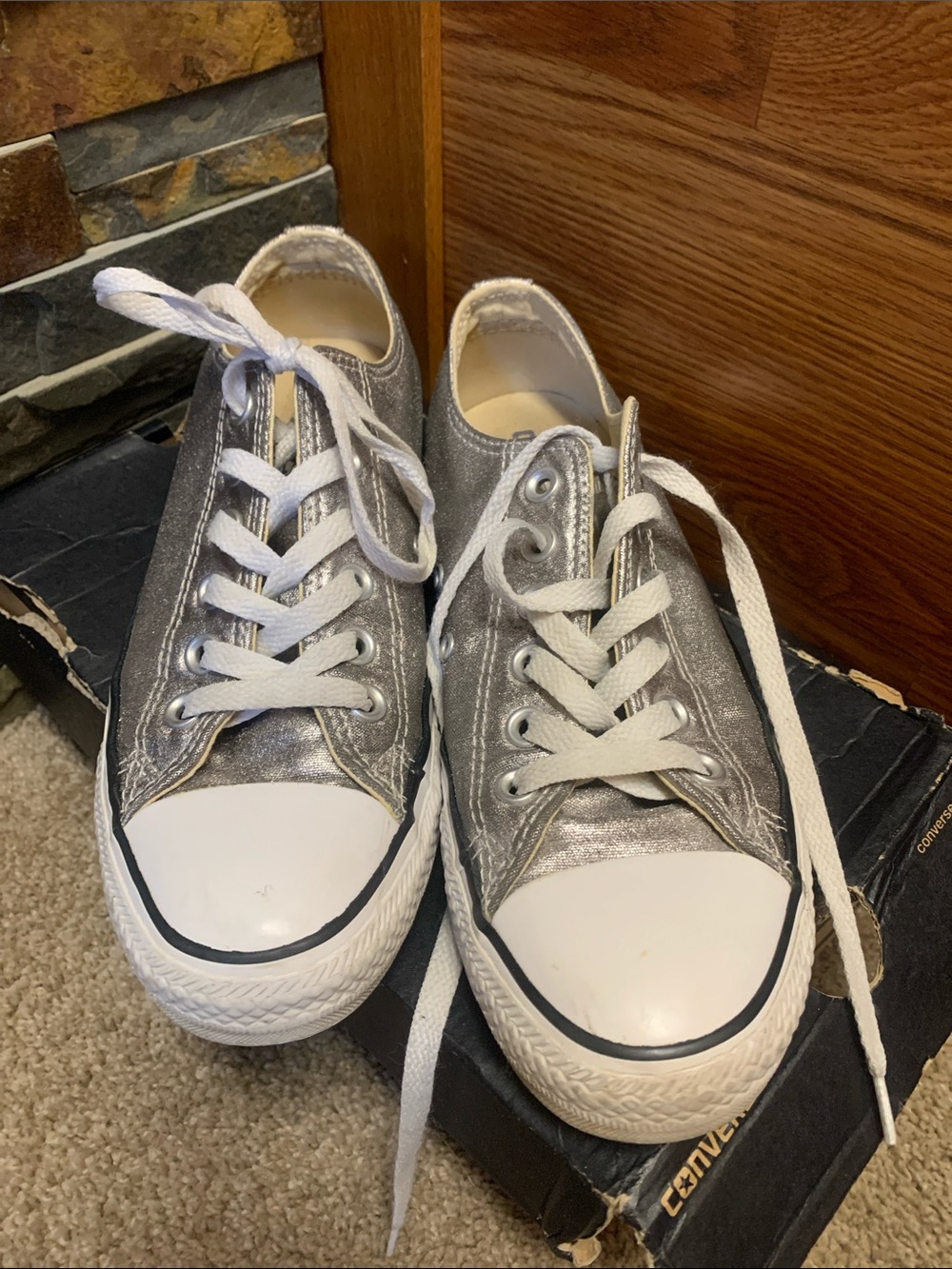 Converse Silver Metallic gunmetal gray Low Top Sneakers with White Accents 7 - Picture 2 of 8